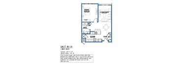 A blueprint of a house layout with a living room, kitchen, and bathroom.