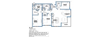 A blueprint of a 3 bedroom, 2 bath house with a living/dining area and a balcony.