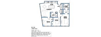 A blueprint of a 3 bedroom, 2 bathroom apartment.
