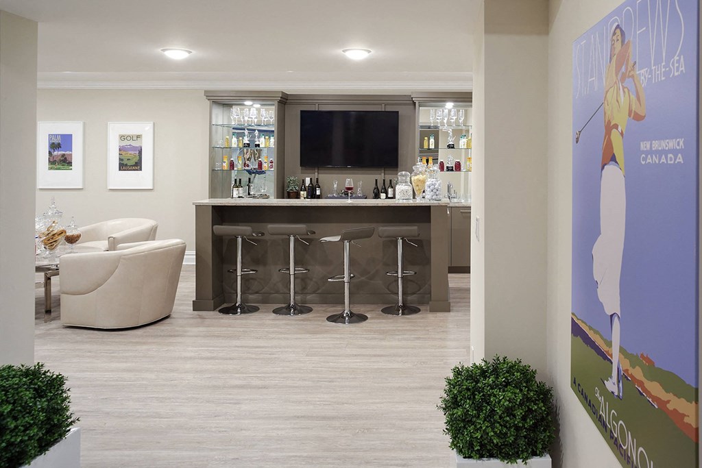 a living room with a bar and a television