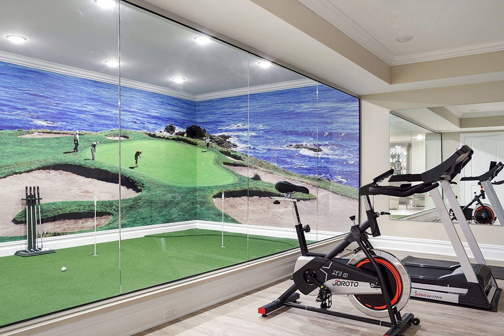 a home gym with a wall mural of a golf course
