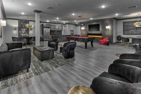 a game room with a pool table and couches