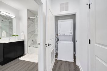 A white bathroom at The Franklin at Hillsborough Apartments, New Jersey, 08844
