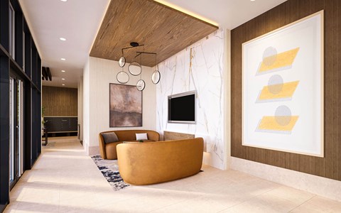 A modern living room with a brown sofa and a large abstract painting on the wall.