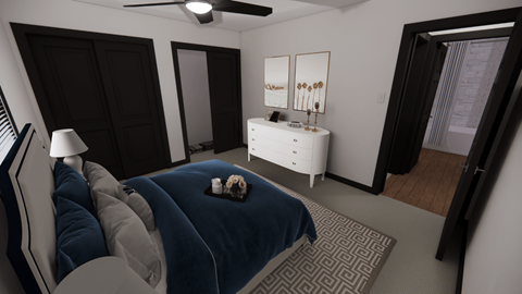 a bedroom with a bed and a dresser with a mirror