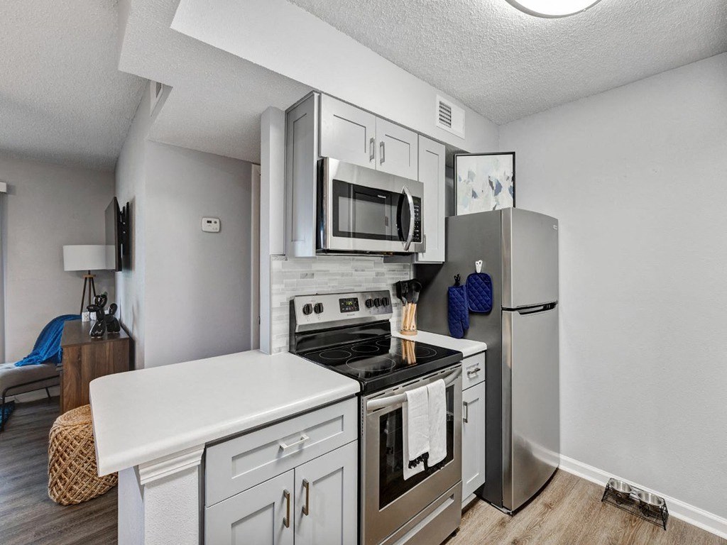 a kitchen with stainless steel appliances and a refrigerator at The Emory, Florida, 32514