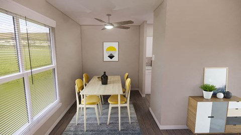 A dining room with a table set for four.