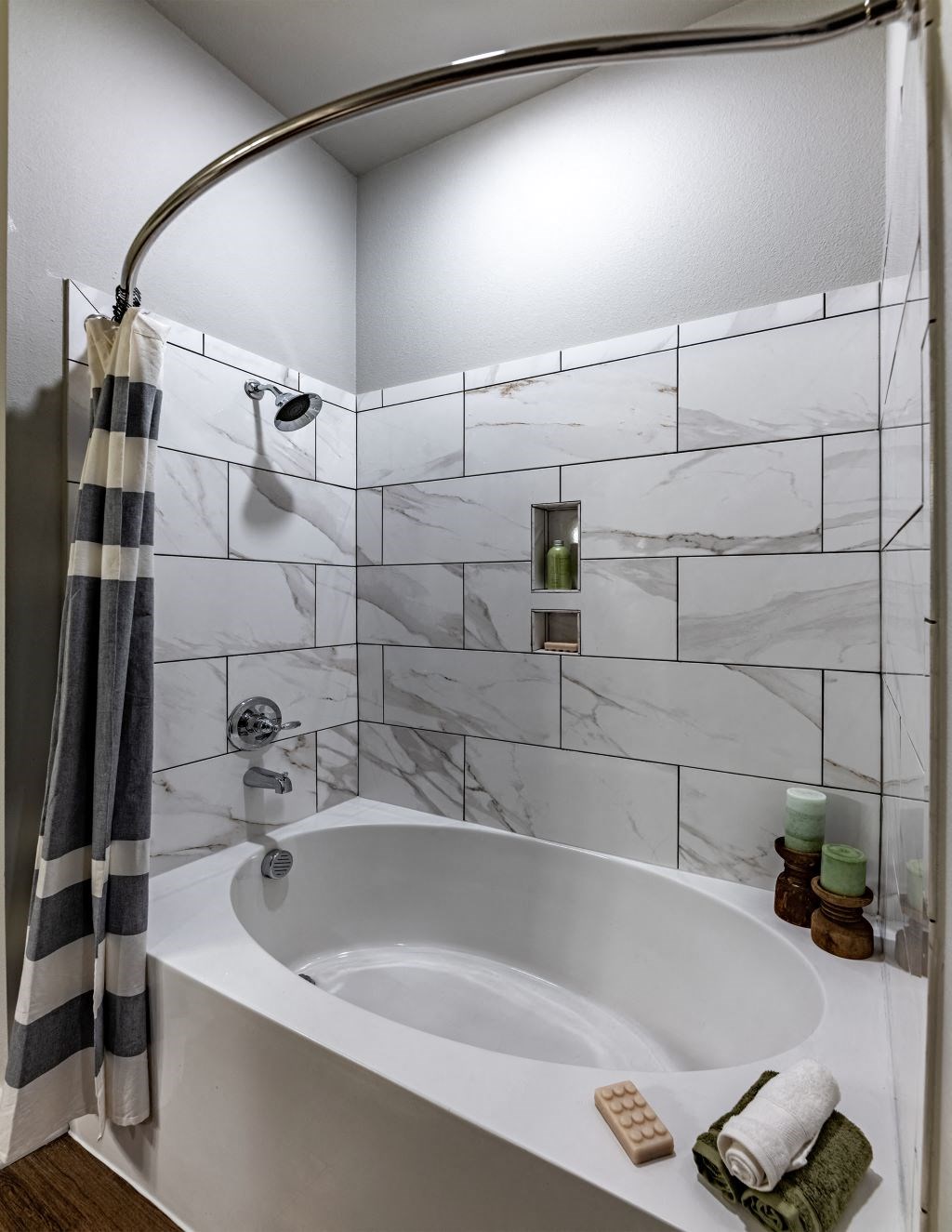 a white bathroom with a tub and a shower curtain at Fitzroy Grove, Rogers, AR, 72758