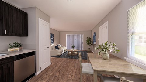a rendering of a living room and dining room in an apartment