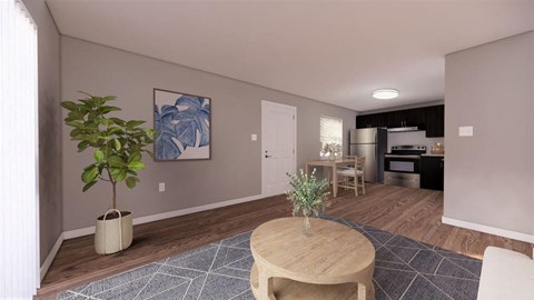 a living room and kitchen with a table and a plant