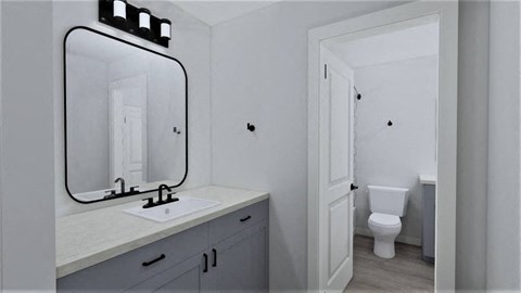 a bathroom with a mirror and a sink and a toilet