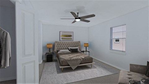 a bedroom with a bed and a ceiling fan
