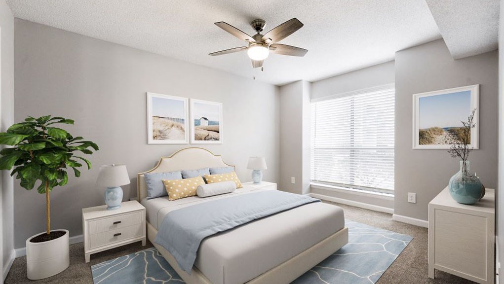 A bedroom with a bed, nightstands, a plant, and pictures on the wall.