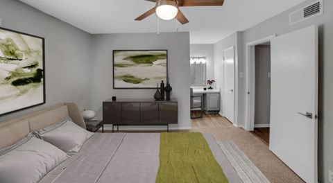 A bedroom with a bed, a nightstand, and a painting on the wall.