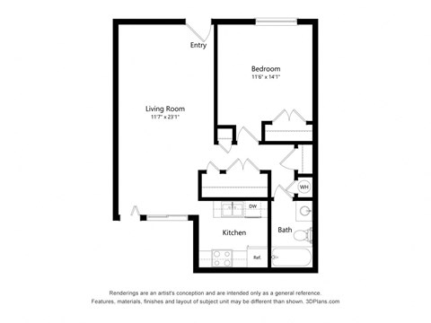 a floor plan of a unit with a bedroom and a living room