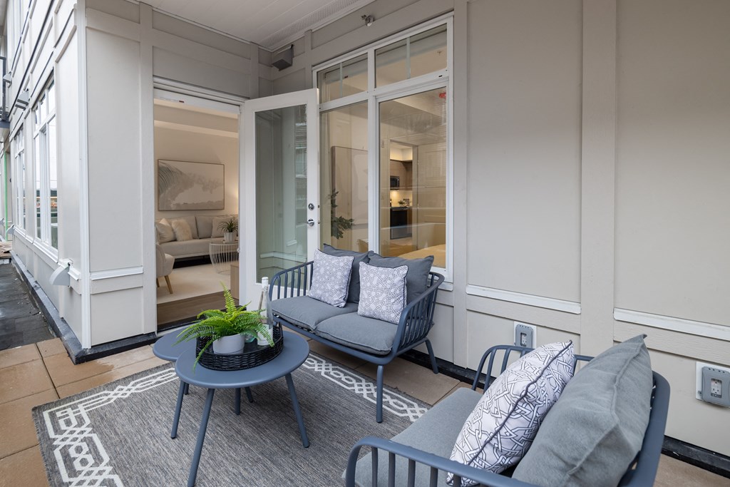 A grey sofa with a plant on a table in front of it.