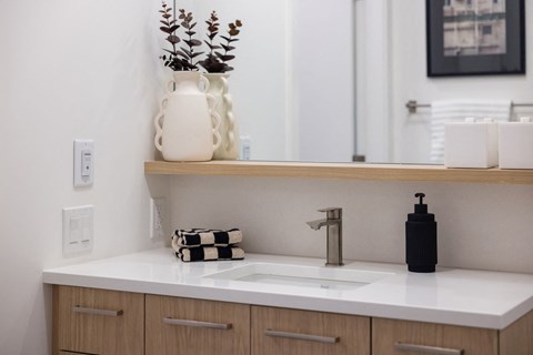 a bathroom with a sink and a mirror
