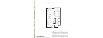 A floor plan for Unit 111 patio showing the layout of the bedroom, living room, dining room, kitchen, bathroom, and balcony.