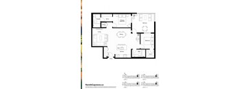 A floor plan of an apartment with a living room, dining room, kitchen, and two bedrooms.