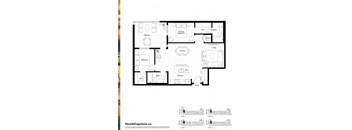 A floor plan of a house with a balcony, two bedrooms, a bathroom, a dining area, a kitchen, and an entry point.