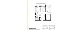 A black and white image of a floor plan for a two-bedroom apartment.