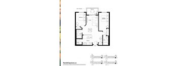 A black and white image of a floor plan for a unit with a patio.