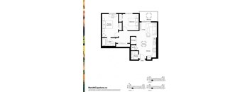 A floor plan of an apartment with a primary bedroom, bathroom, living room, dining room, kitchen, powder room, and a balcony.