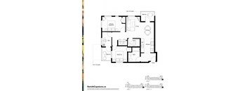 A black and white image of a floor plan for a two-bedroom apartment.