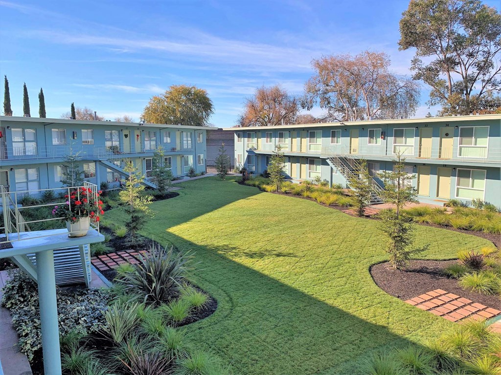 a view of a yard in front of an apartment building