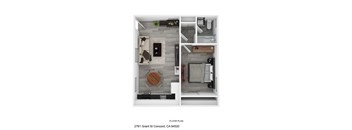 a stylized floor plan with a bedroom and a living room