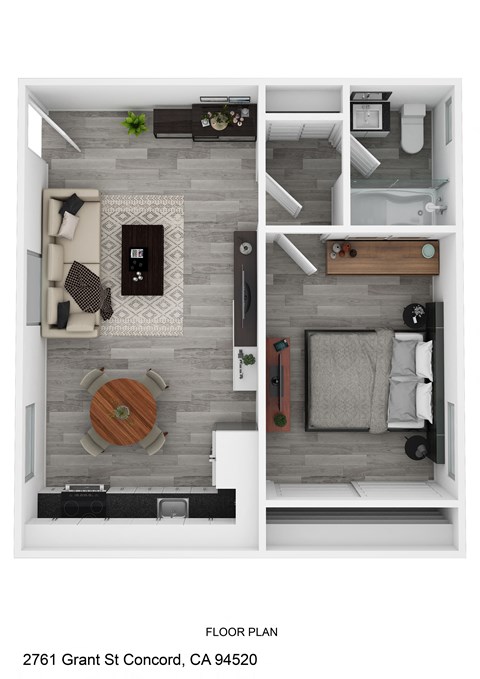 a stylized floor plan with a bedroom and a living room
