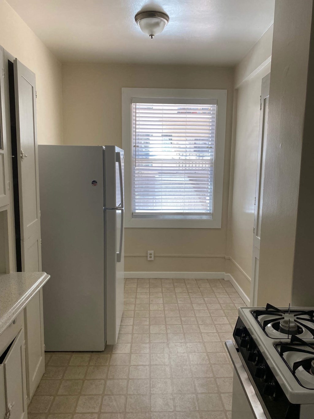 a kitchen with a refrigerator and a window