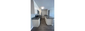 a kitchen with white cabinets and black counter tops