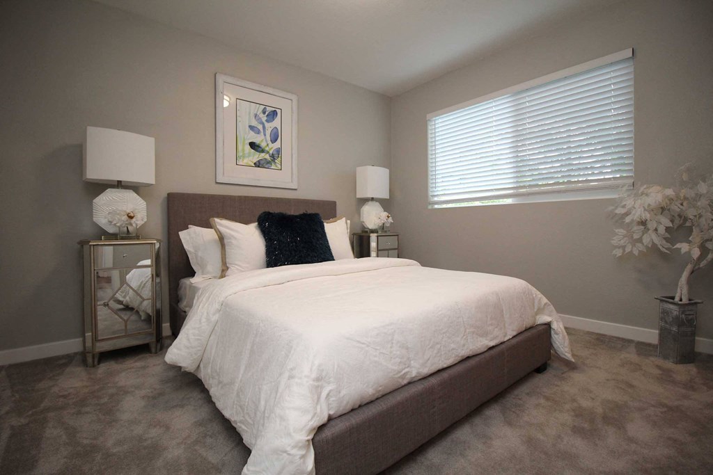 a bedroom with a large bed and a window