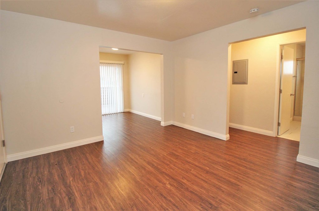 a picture of a room with white walls and a cat in the corner