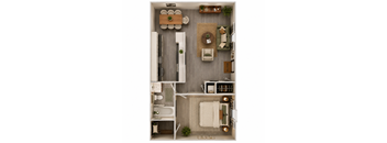 A top-down view of a small, neatly organized apartment with a kitchen, living room, and bathroom.