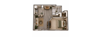 A top-down view of a modern apartment layout with a living room, kitchen, and bedroom.