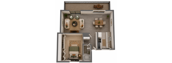 A top-down view of a living room with a dining area and a bedroom.