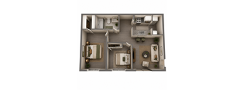 A top-down view of a modern apartment layout with a living room, kitchen, and bedroom.
