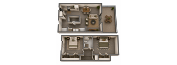 A top and bottom floor plan of a house with a living room, dining room, kitchen, and bedrooms.
