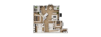 Top-down floor plan rendering of The Alexandria, a 2-bedroom, 2-bathroom apartment with 1,417 square feet, showing the home's room arrangement and living spaces.