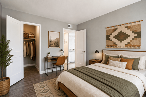 A bedroom with a large bed and a woven wall hanging.