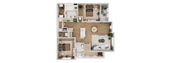 Top-down floor plan rendering of The Charleston, a 2-bedroom, 2-bathroom apartment with 1,158 square feet, showing the home’s room arrangement and living spaces.