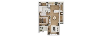 Top-down floor plan rendering of The Charlotte, a 1-bedroom, 1-bathroom apartment with 735 square feet, showing the home's room arrangement and living spaces.