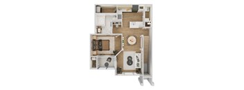 Top-down floor plan rendering of The Charlotte Upper, a 1-bedroom, 1-bathroom apartment with 829 square feet, showing the home's room arrangement and living spaces.