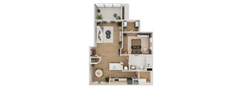 Top-down floor plan rendering of The Franklin, a 1-bedroom, 1-bathroom apartment with 693 square feet, showing the home’s room arrangement and living spaces.