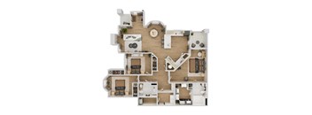 Top-down floor plan rendering of The Grand Reserve I, a 3-bedroom, 2-bathroom apartment with 1,465 square feet, showing the home’s room arrangement and living spaces.