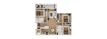 Top-down floor plan rendering of The Jackson, a 3-bedroom, 2-bathroom apartment with 1,137 square feet, showing the home’s room arrangement and living spaces.