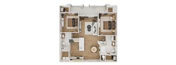 Top-down floor plan rendering of The Montgomery, a 2-bedroom, 2-bathroom apartment with 1,126 square feet, showing the home's room arrangement and living spaces.