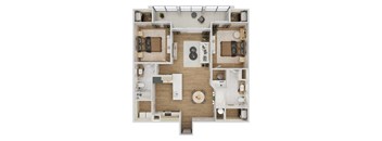 Top-down floor plan rendering of The Montgomery Upper, a 2-bedroom, 2-bathroom apartment with 1,180 square feet, showing the home’s room arrangement and living spaces.